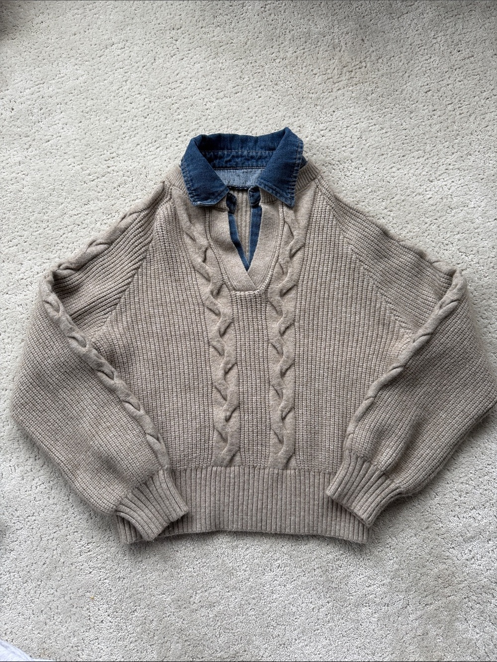 Commense Cable Knit Sweater Denim Collar
